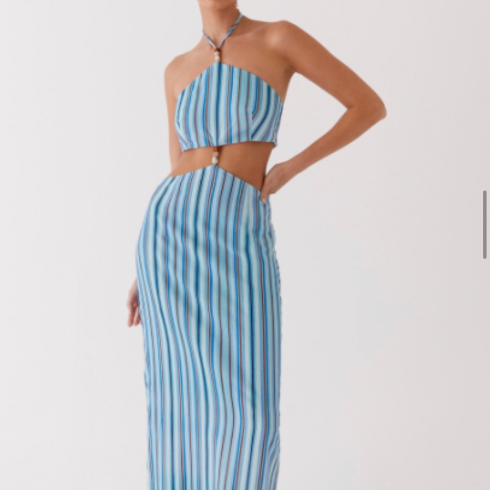 Blue and White Maxi Pencil Skirt Set with Cut Out